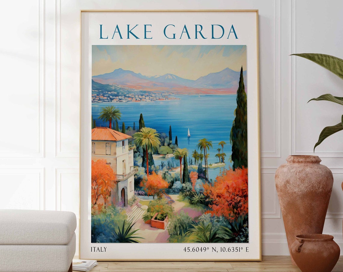 Lake Garda Lakeside Villa Cypress Trees Italian Lake Travel Poster
