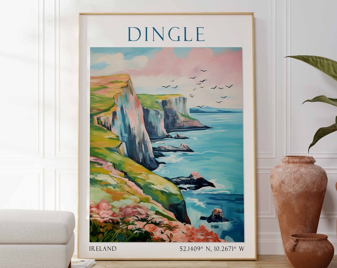 Dingle Ireland Dramatic Cliffs with Seabirds Pastel Ocean Art Poster