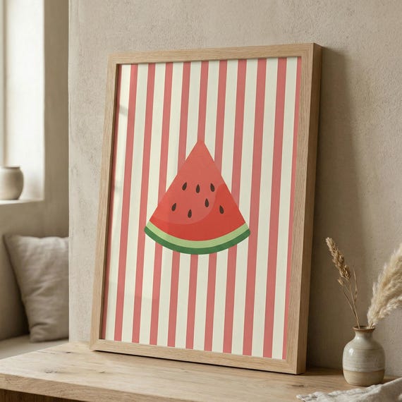 Watermelon Print Pink Stripes Minimalist Kitchen Wall Art