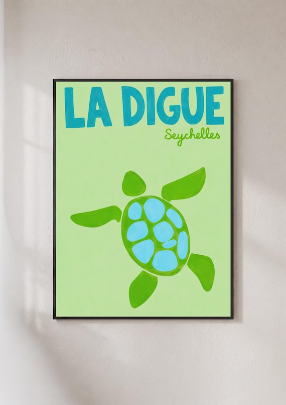 La Digue Seychelles Sea Turtle Green Island Beach Travel Poster