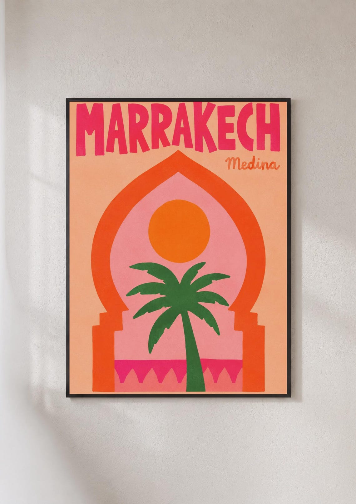 Marrakech Medina Morocco Retro Palm Arch Pink Travel Art Poster