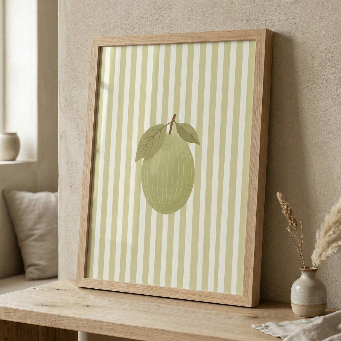 Green Citrus Fruit on Green Stripes Minimalist Kitchen Poster