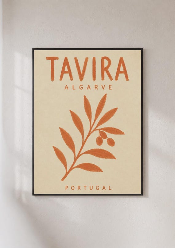 Tavira Algarve Portugal Travel Poster Olive Branch Wall Art Terracotta Print
