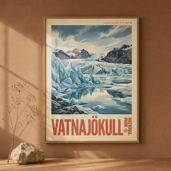 Vatnajokull National Park Iceland Vintage Poster Glacier Ice Lagoon