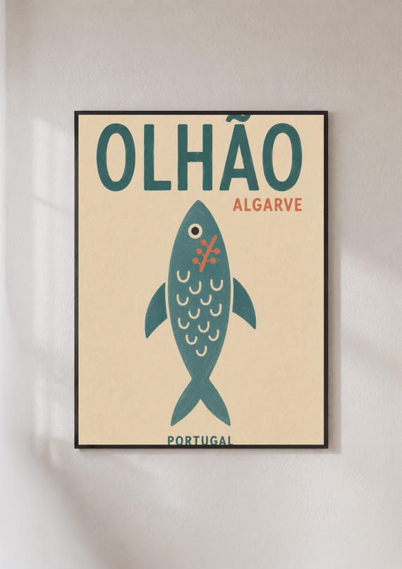 Olhao Algarve Portugal Travel Poster Retro Fish Print Teal Wall Art Gift