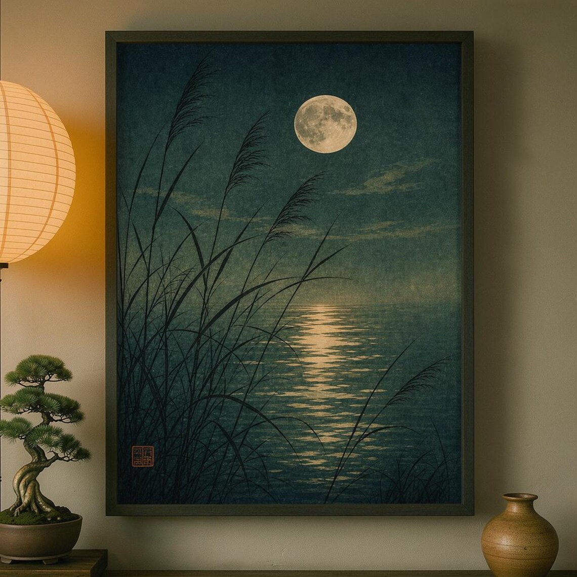 Moonlit Reed Japanese Print, Moon Water Art Print