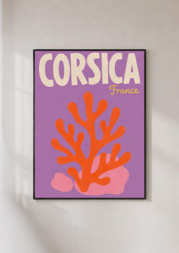Corsica France Travel Poster Coral Reef Wall Art Purple Mediterranean Print