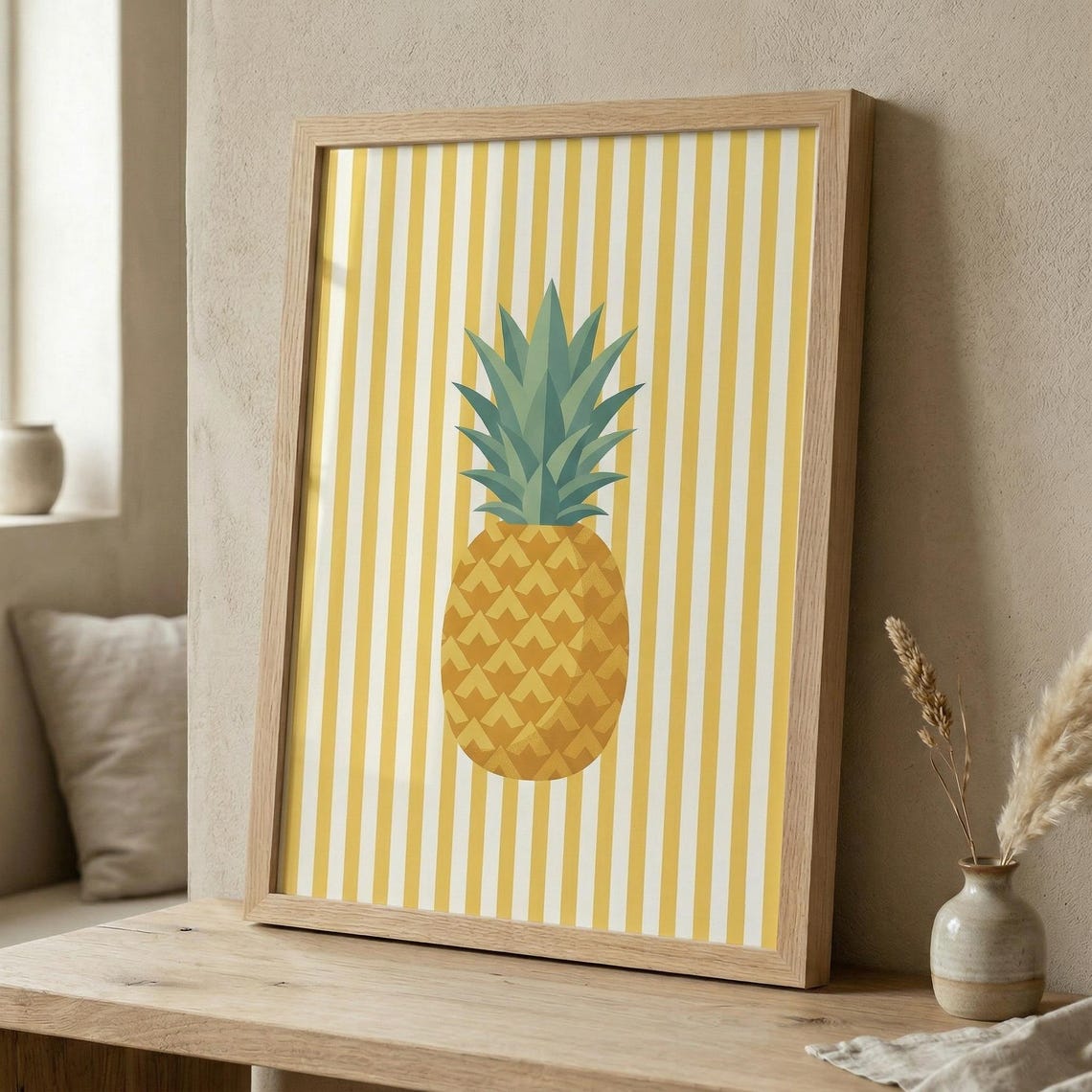 Sunny Minimalist Pineapple Yellow Stripe Tropical Kitchen Poster