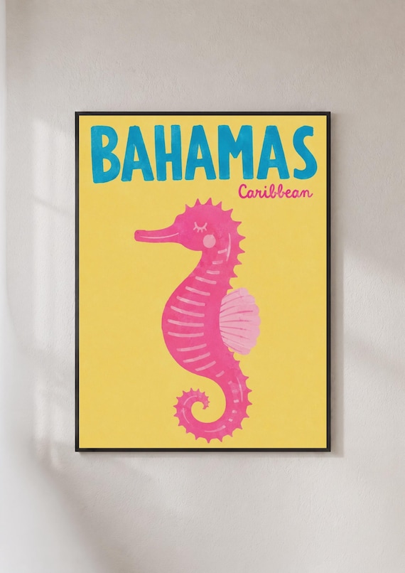 Bahamas Caribbean Pink Seahorse Bright Retro Travel Beach Poster