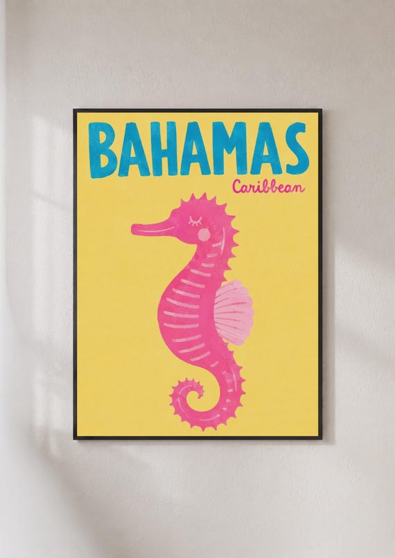 Bahamas Caribbean Seahorse Poster Retro Travel Wall Art Pink Yellow Beach Print