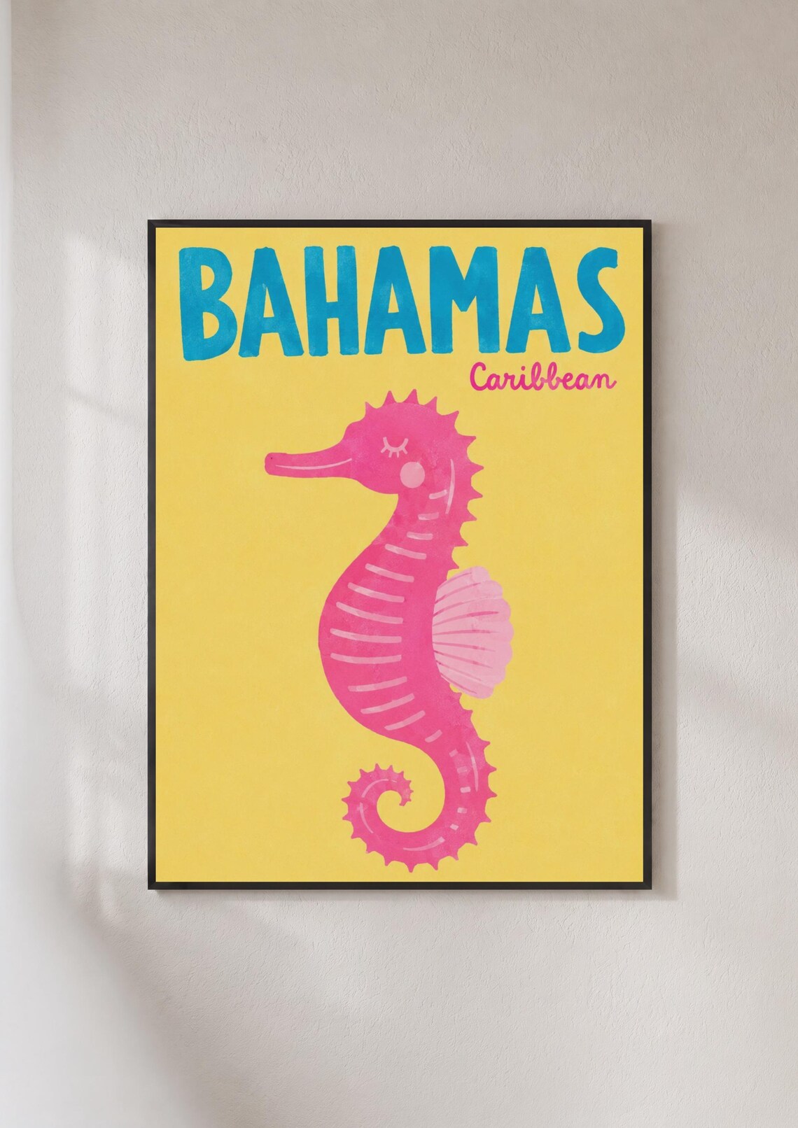 Bahamas Caribbean Pink Seahorse Bright Retro Travel Beach Poster