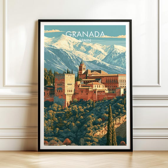 Alhambra Granada Spain Poster Vintage Europe Travel Wall Art Cityscape Print European Vacation Decor Gift