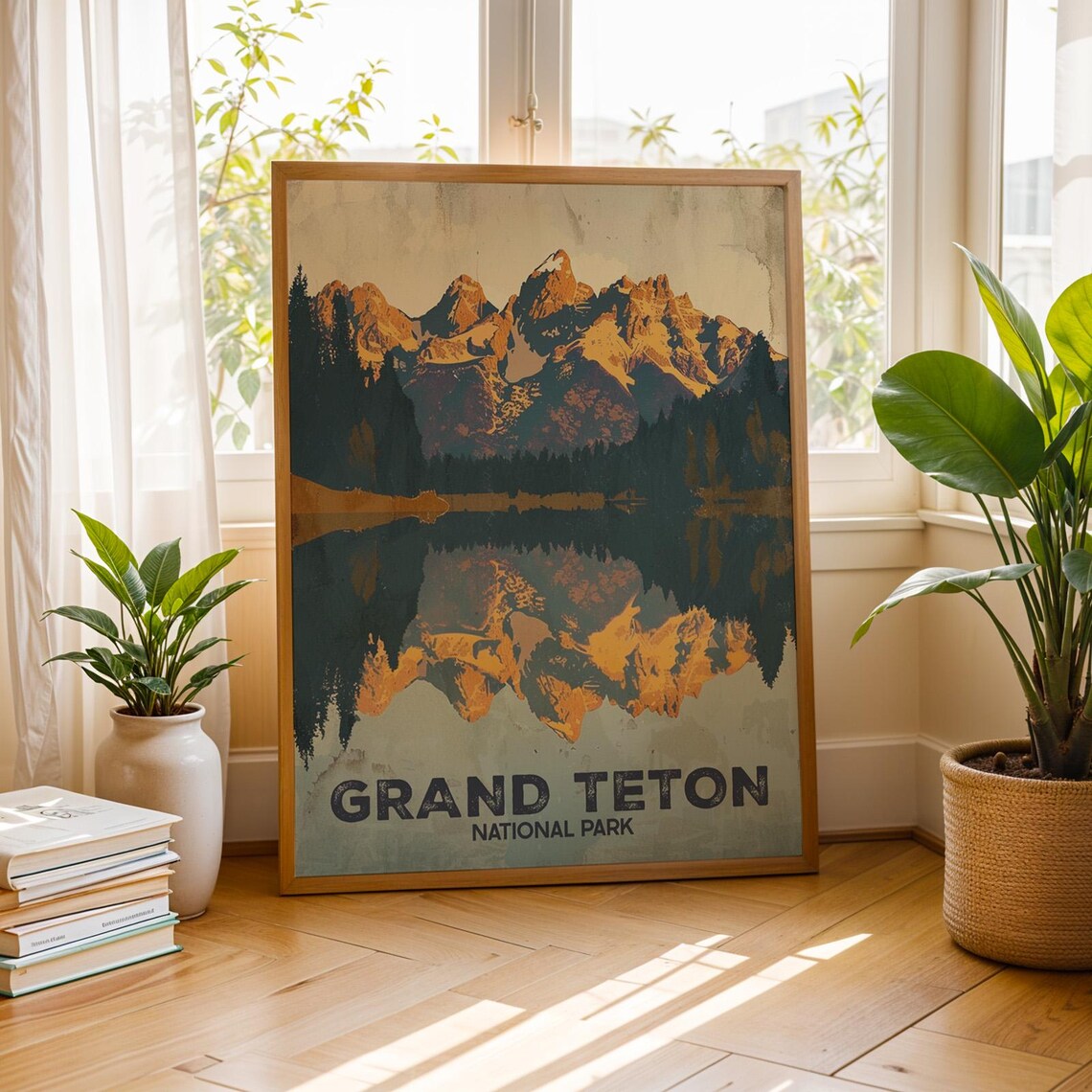 Grand Teton National Park Vintage Mountain Reflection Lake Travel Art Poster