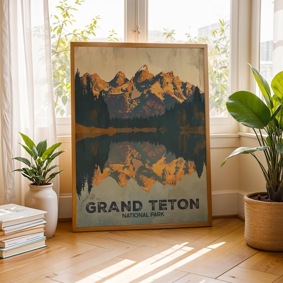 Grand Teton National Park Vintage Mountain Reflection Lake Travel Art Poster