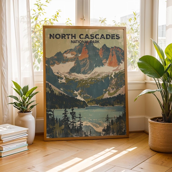 North Cascades National Park Vintage Snowy Peaks Lake Poster