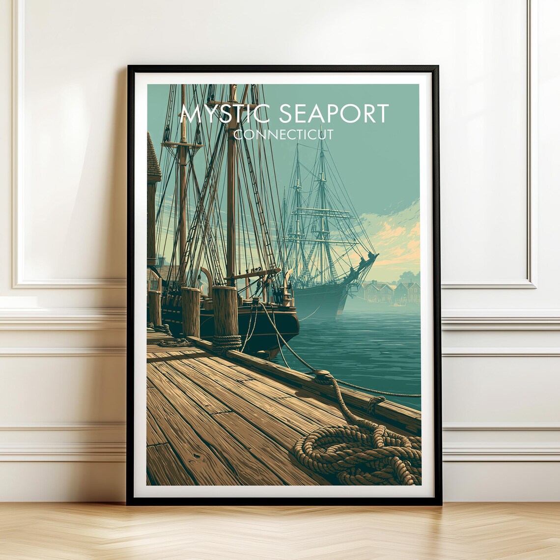 Mystic Seaport Connecticut Tall Ships Vintage Harbor Travel Poster