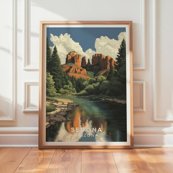 Sedona Arizona Red Rock Buttes Creek Reflection Vintage Travel Poster