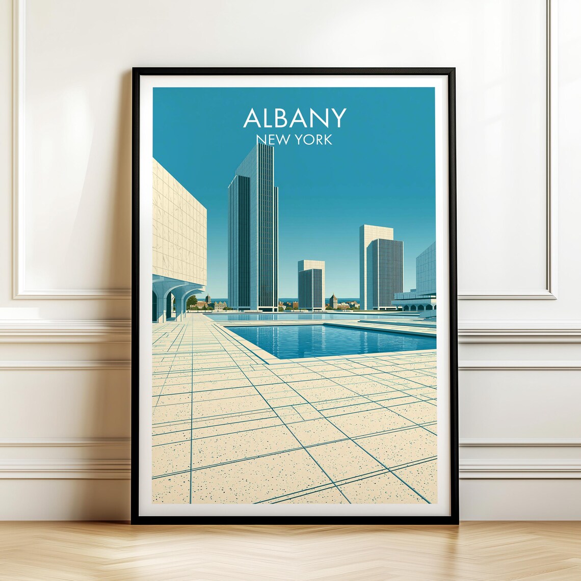Albany New York Modernist Towers Plaza Vintage Travel Poster