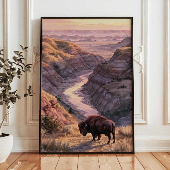 Theodore Roosevelt National Park Bison Badlands Sunset Poster
