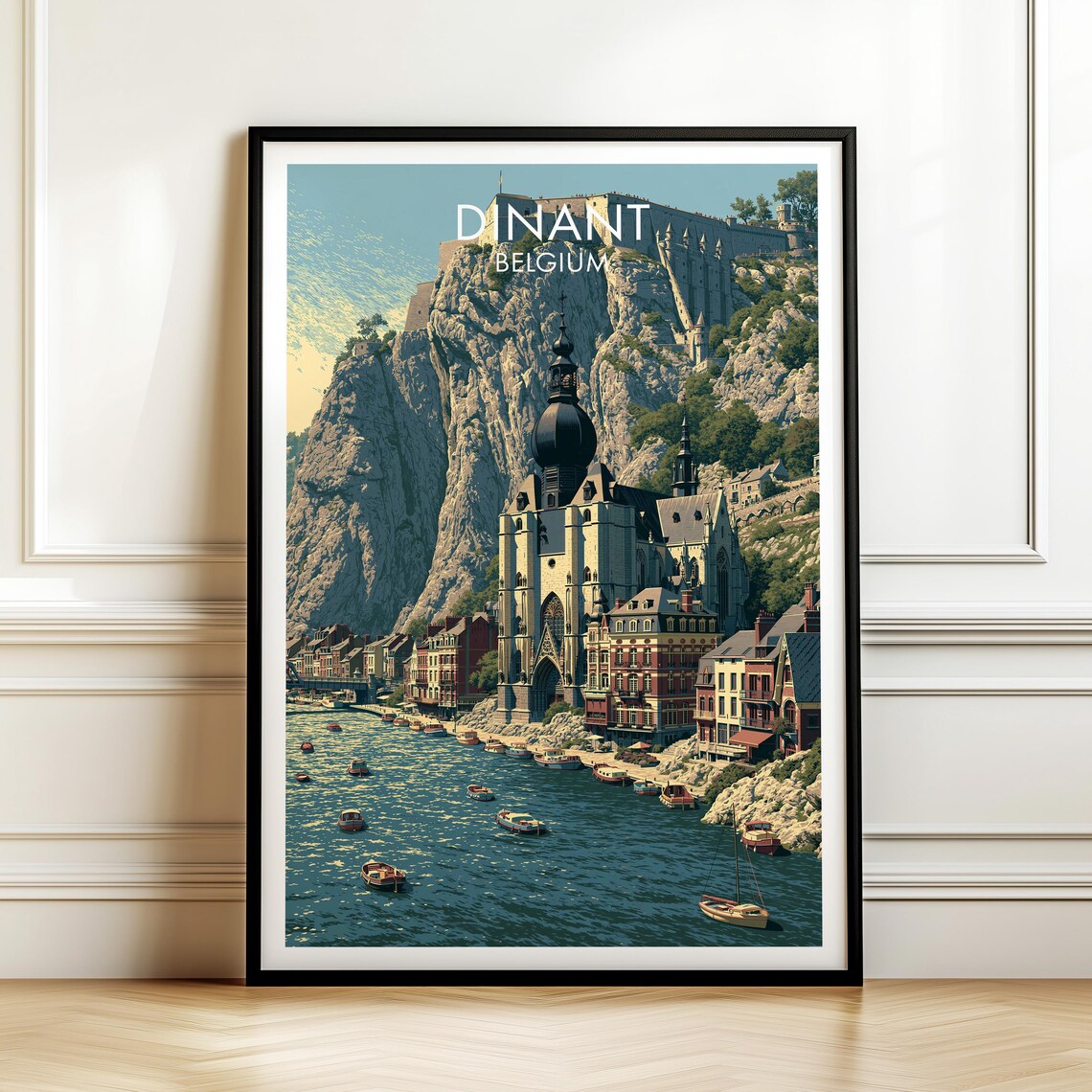 Dinant Belgium Boats River Church Cliffside Vintage Travel Poster