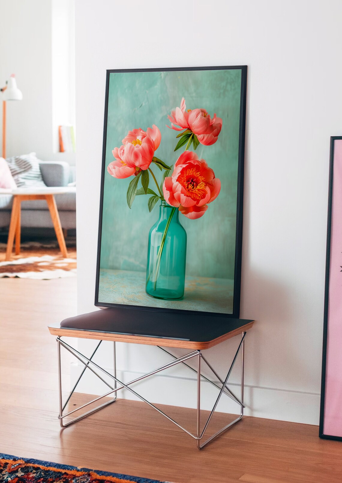 Pink Peonies Teal Vase Soft Floral Still Life Botanical Poster - Image 4