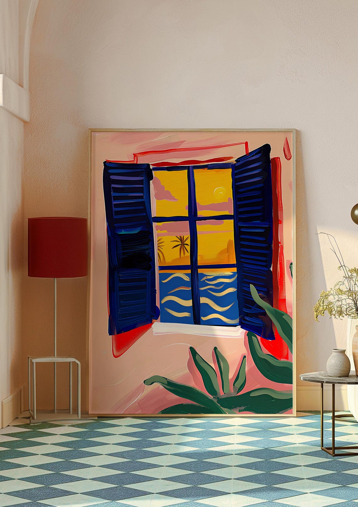 Open Window Golden Sunset Ocean Blue Shutters Seaside Art Poster - Image 2
