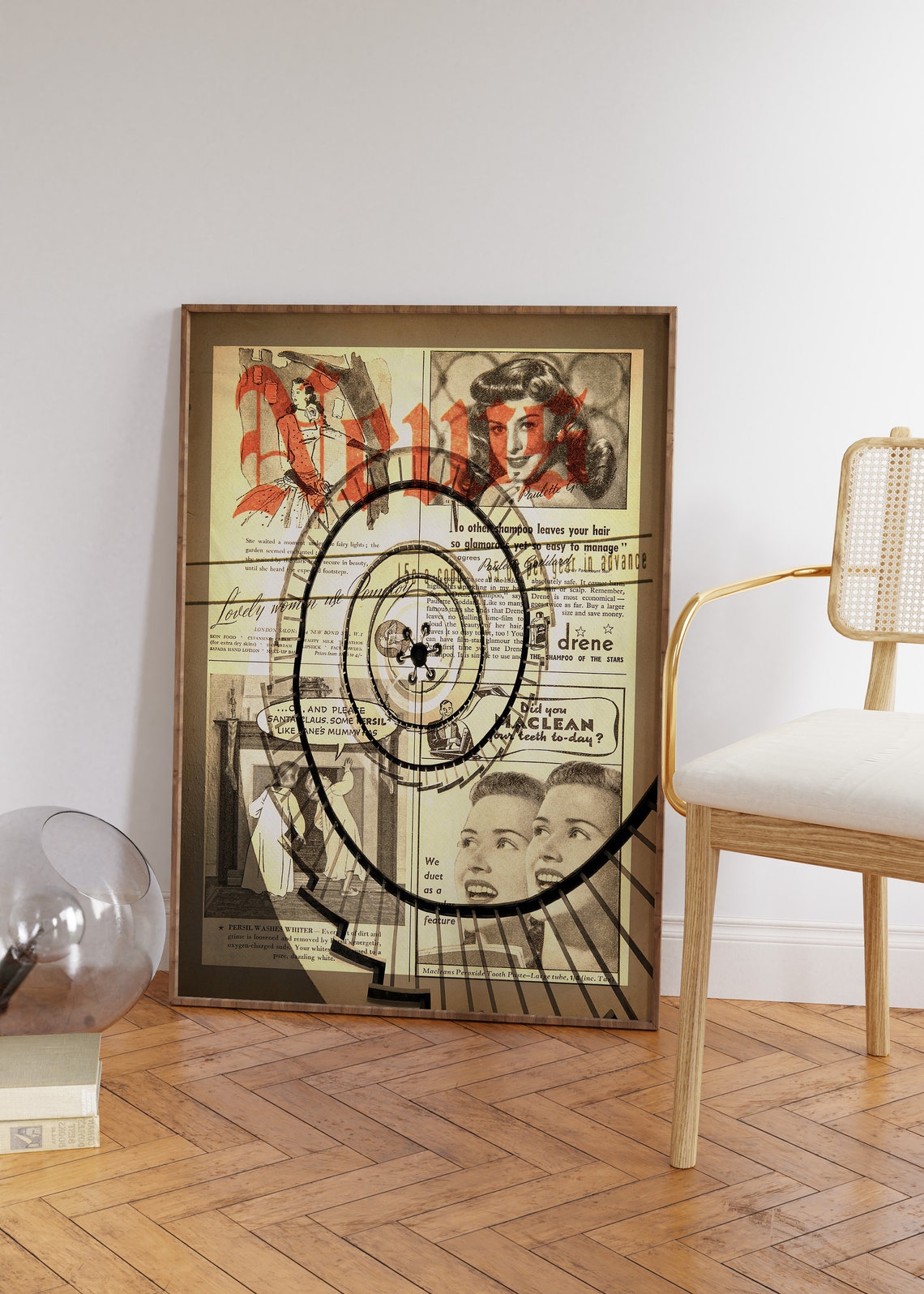 Vintage Newspaper Collage Retro Ads Spiral Typography Art Poster