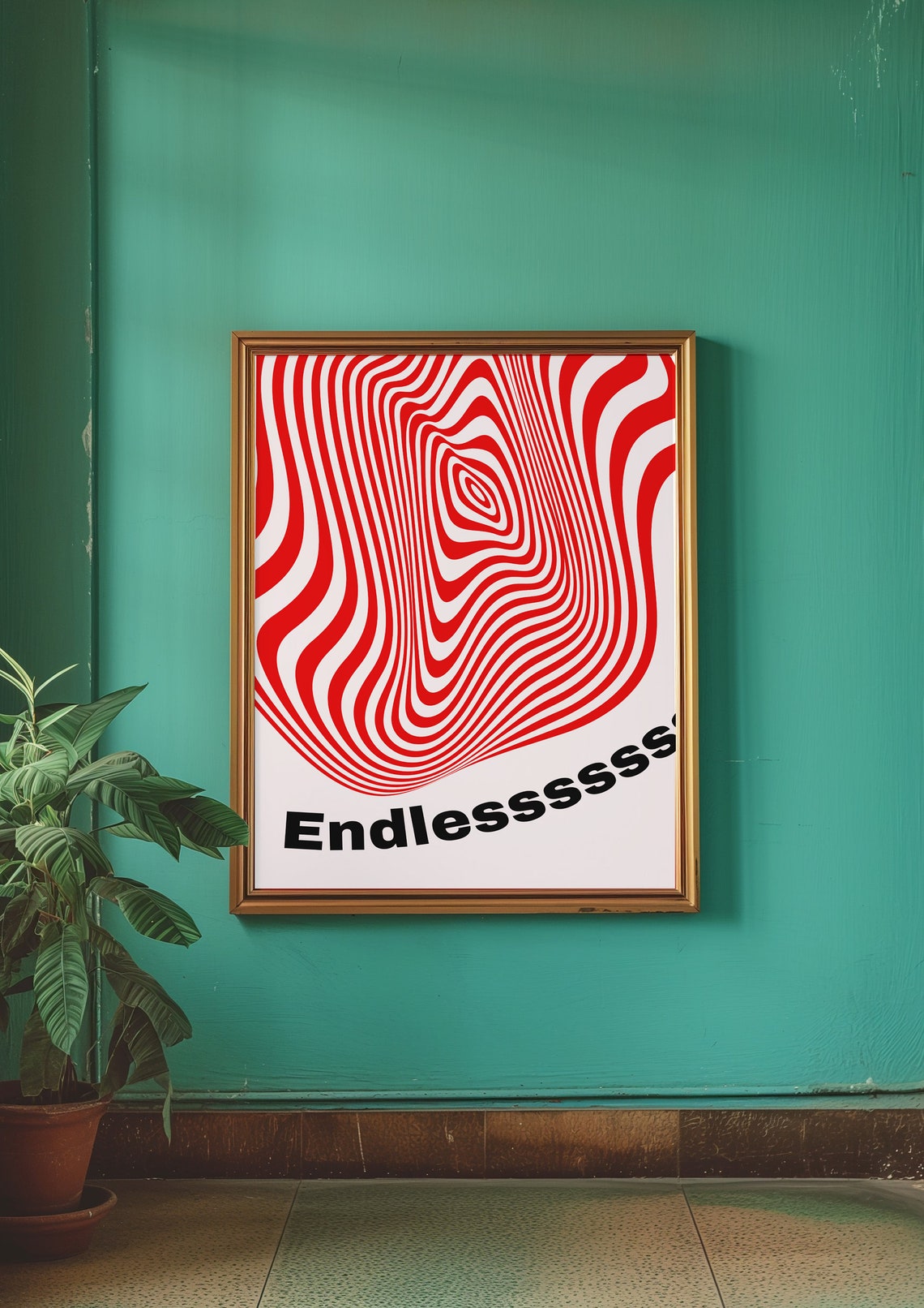 Endless Retro Red Line Art Poster with Psychedelic Wavy Pattern - Image 3