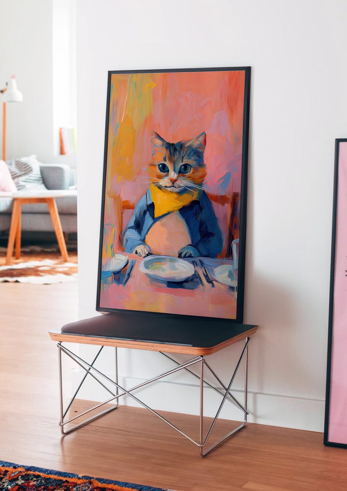 Cat in a Jacket with Bandana Dining at a Table Portrait Poster - Image 4