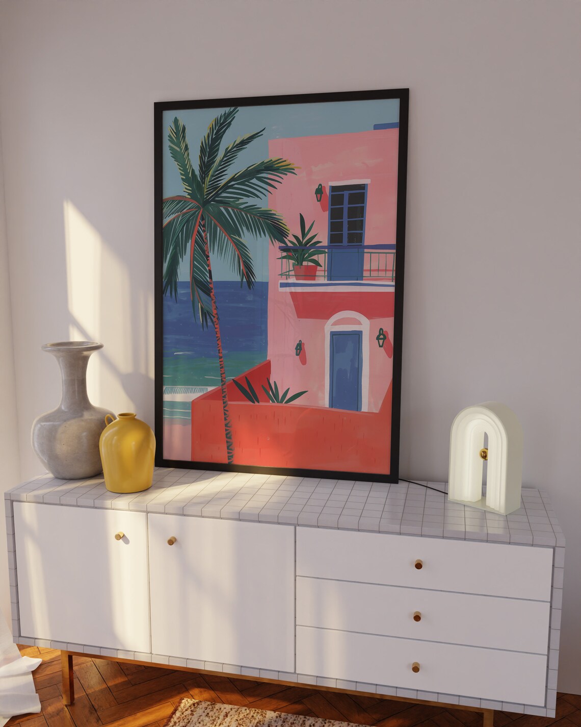 Pink Coastal Villa Poster with Palm Trees Over a Turquoise Sea View - Image 3