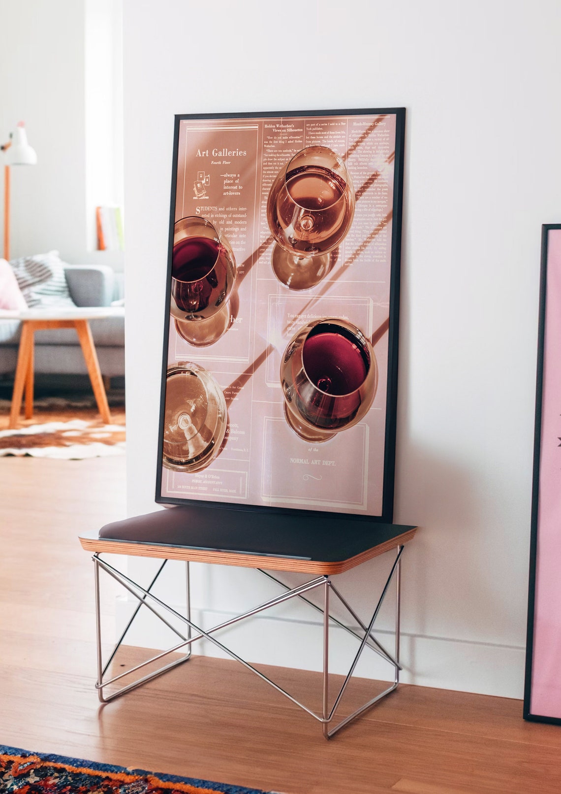 Pink Newspaper Collage with Floating Red Wine Glasses Poster - Image 4