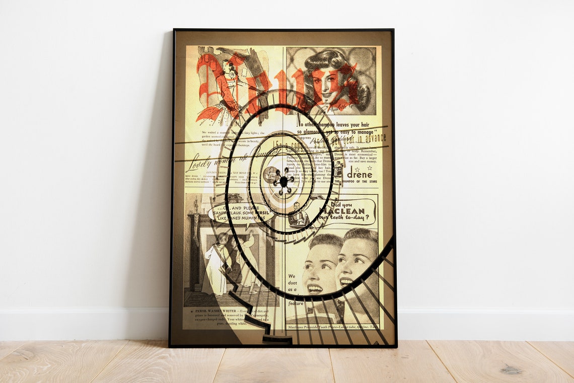 Vintage Newspaper Collage Retro Ads Spiral Typography Art Poster - Image 3