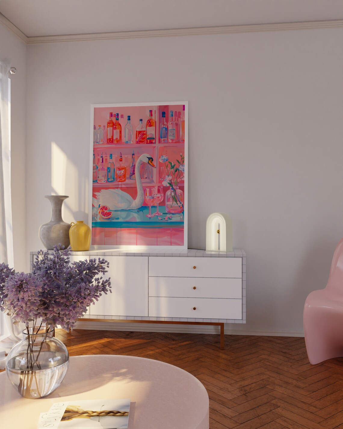 Dreamy Pink Bar Poster with White Swan and Colorful Cocktail Bottles - Image 2