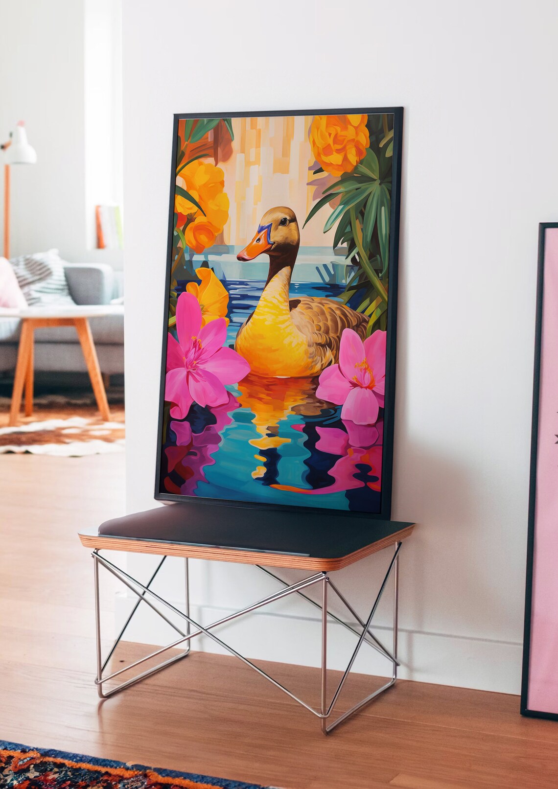 Yellow Duck Pond Pink Flowers Cute Wildlife Illustration Art Poster - Image 4