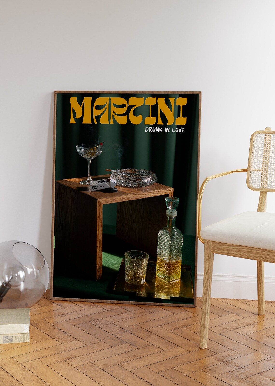 Martini Drunk in Love Moody Bar Cart Poster with Decanter and Coupe Glass