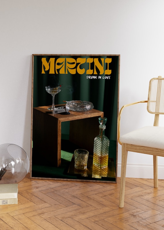 Martini Drunk in Love Moody Bar Cart Poster with Decanter and Coupe Glass