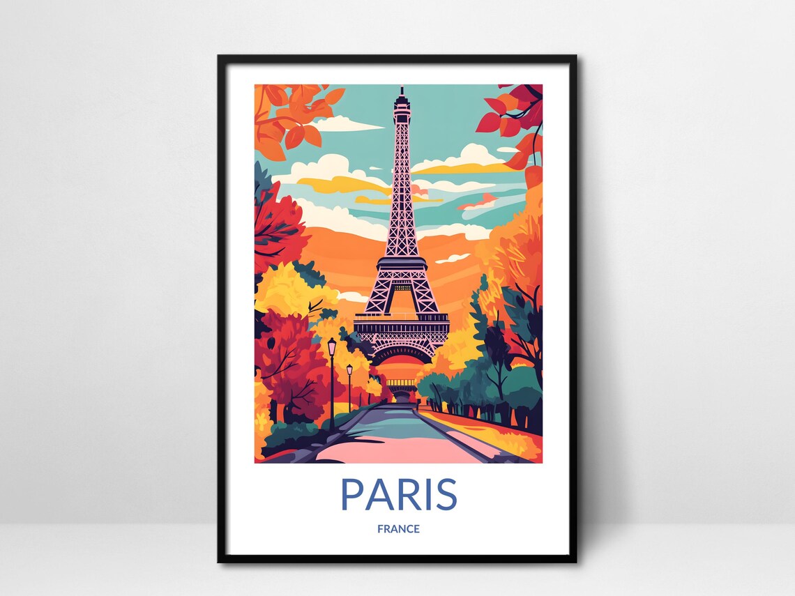 Paris France Eiffel Tower Autumn Foliage Fall Vintage Travel Poster