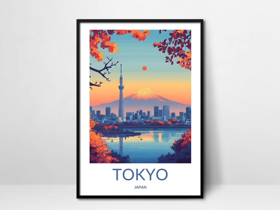 Tokyo Skytree Mount Fuji Autumn Sunset Reflection Travel Poster