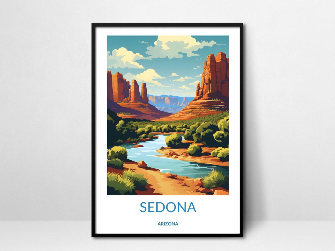 Sedona Arizona Red Rock Spires Valley River Vintage Travel Poster