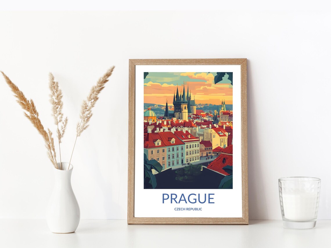 Prague Czech Republic Old Town Skyline Sunset Vintage Travel Poster - Image 3