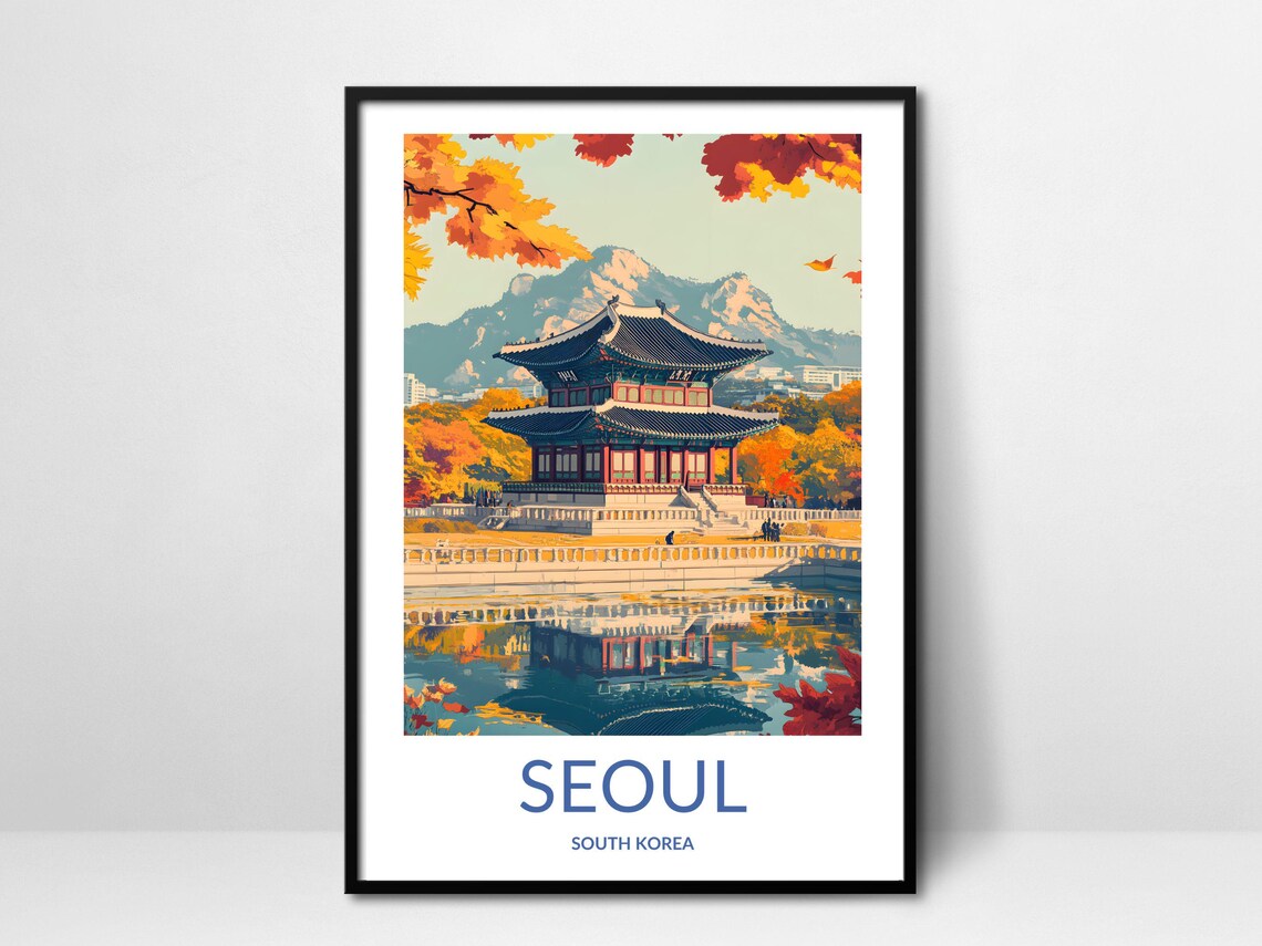 Seoul Korea Gyeongbokgung Palace Pavilion Autumn Leaves Travel Poster