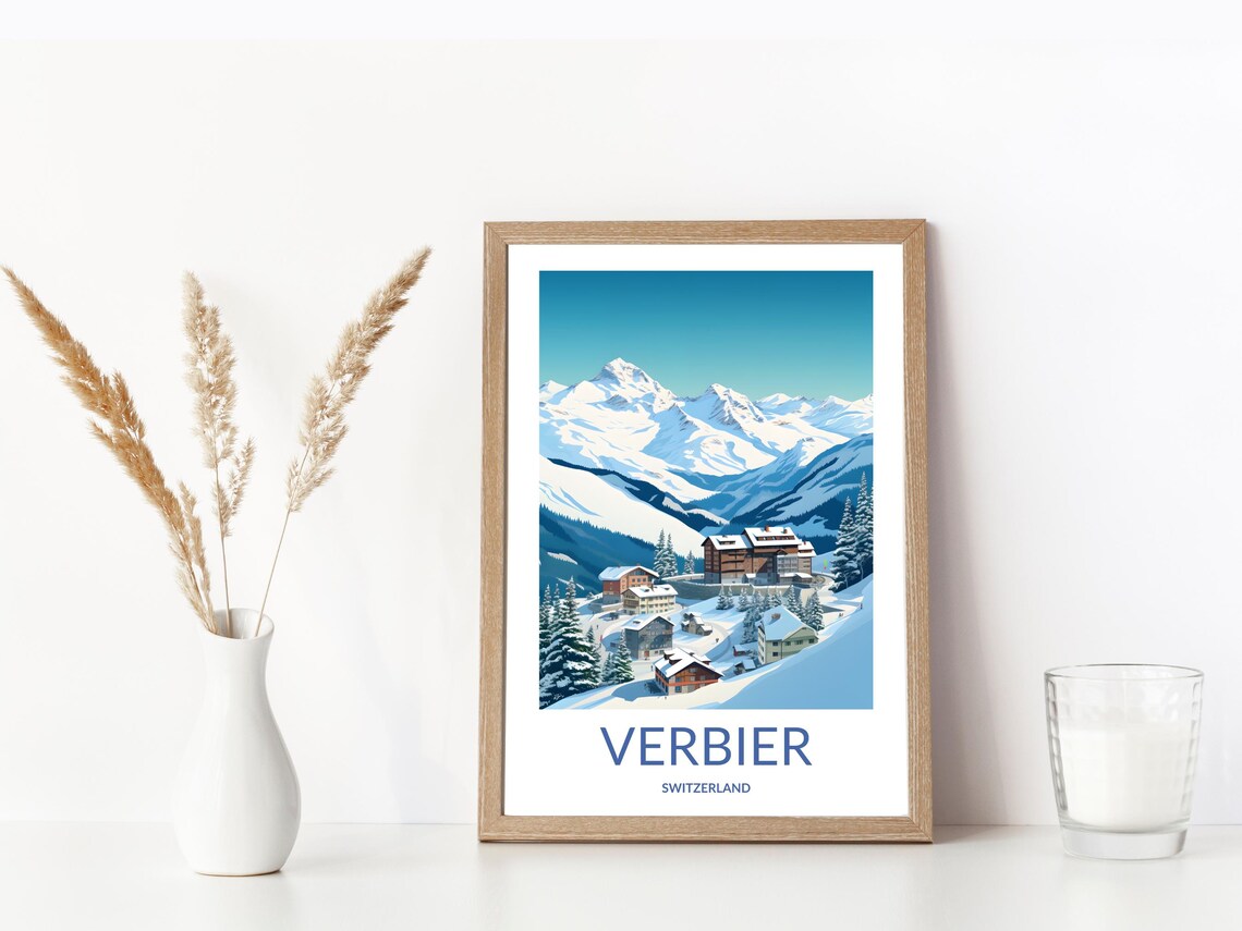 Verbier Switzerland Snowy Alpine Village Ski Chalets Mountain Poster - Image 3