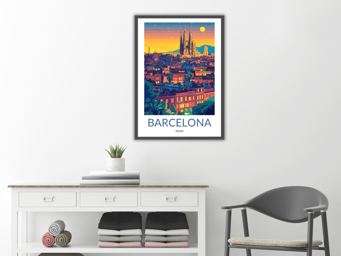 Barcelona Spain Sagrada Familia City Night Skyline Travel Poster - Image 2