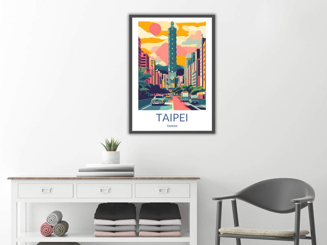 Taipei 101 Tower Pink Sunset City Road Retro Vintage Travel Poster - Image 2