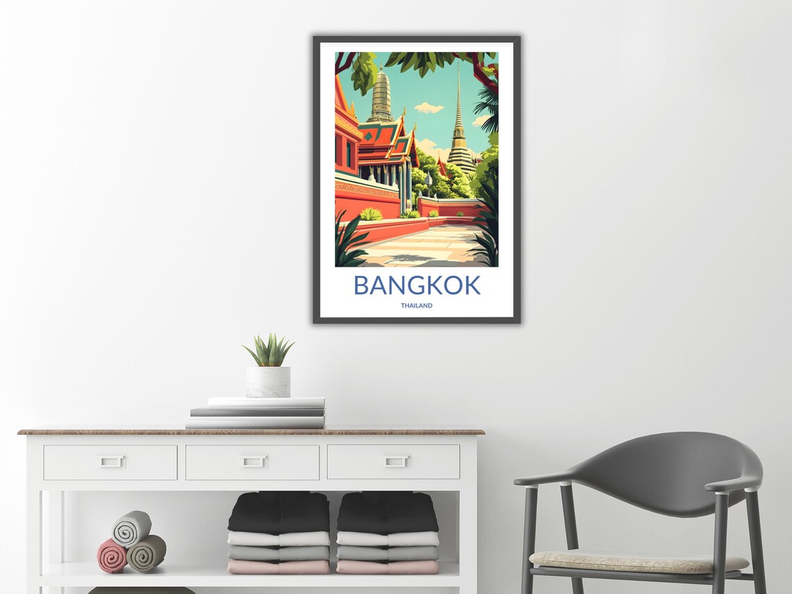Bangkok Thailand Temple Courtyard Stupa Spires Red Walls Travel Poster - Image 2