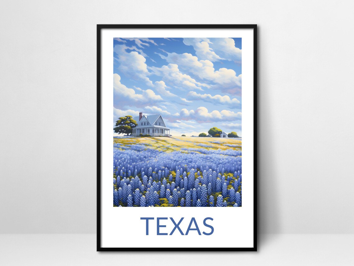Texas Bluebonnet Field Farmhouse Big Sky Wildflowers Scenery Poster