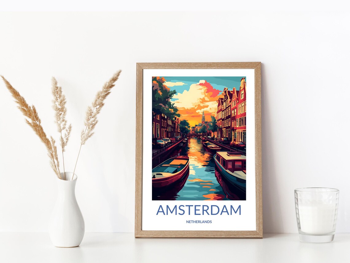 Amsterdam Canal Sunset Boats Golden Water Netherlands Travel Poster - Image 3