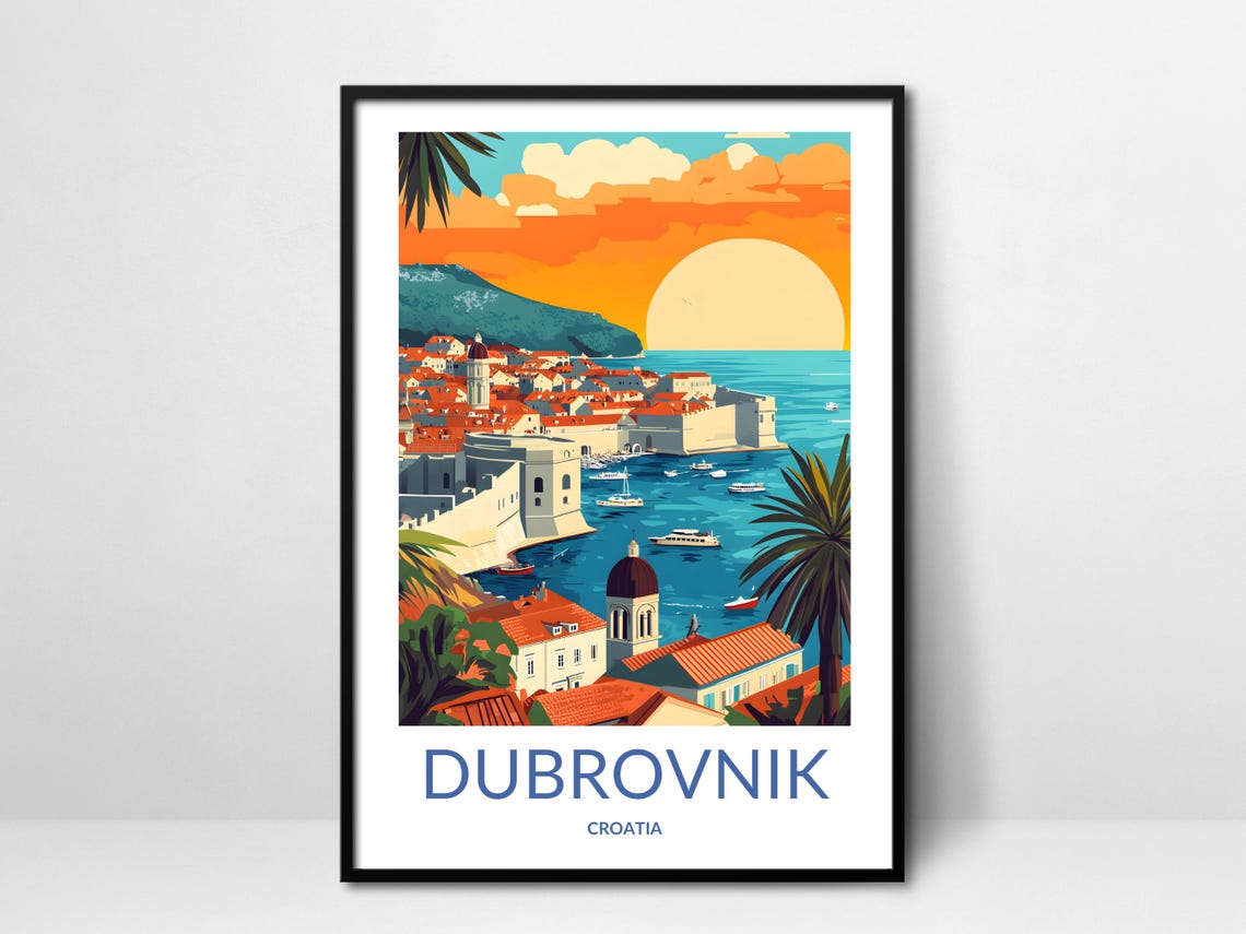 Dubrovnik Sunset City Walls Harbor Boats Croatia Evening Poster