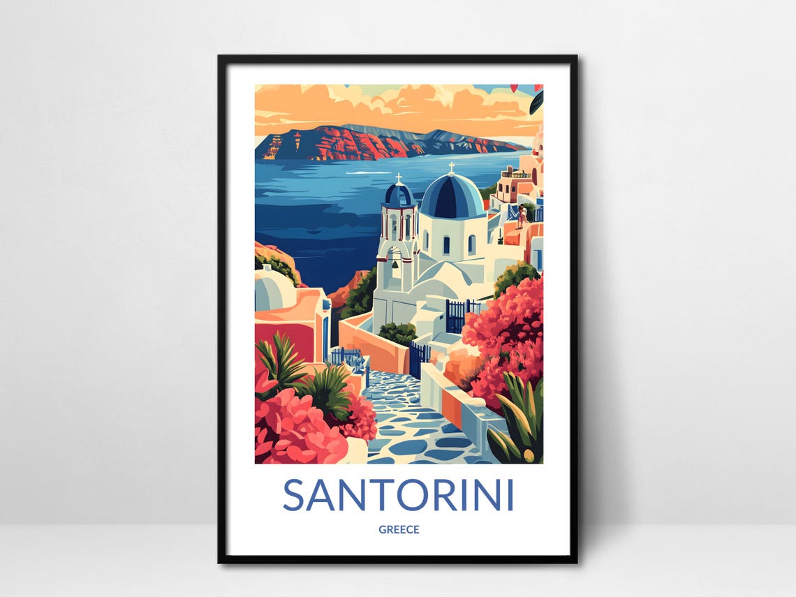 Santorini Blue Dome Church Pink Flowers Sunset Caldera View Poster