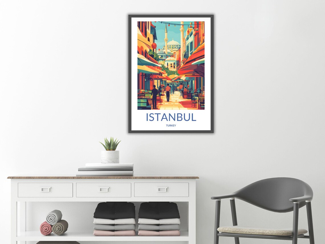 Istanbul Turkey Vibrant Bazaar Street Scene Mosque Travel Poster - Image 2